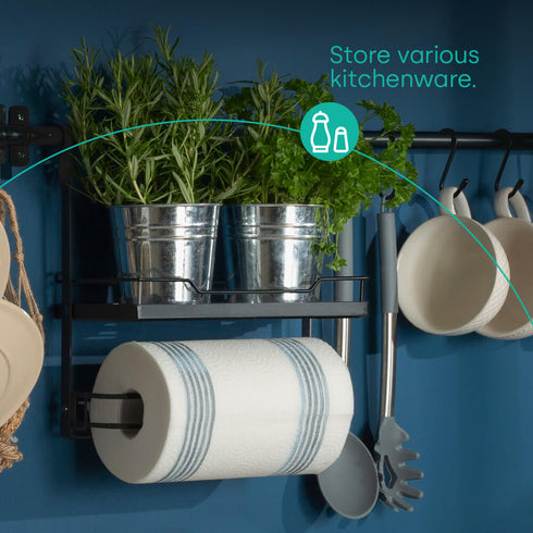Kitchen Roll Holder with Shelf - Black
